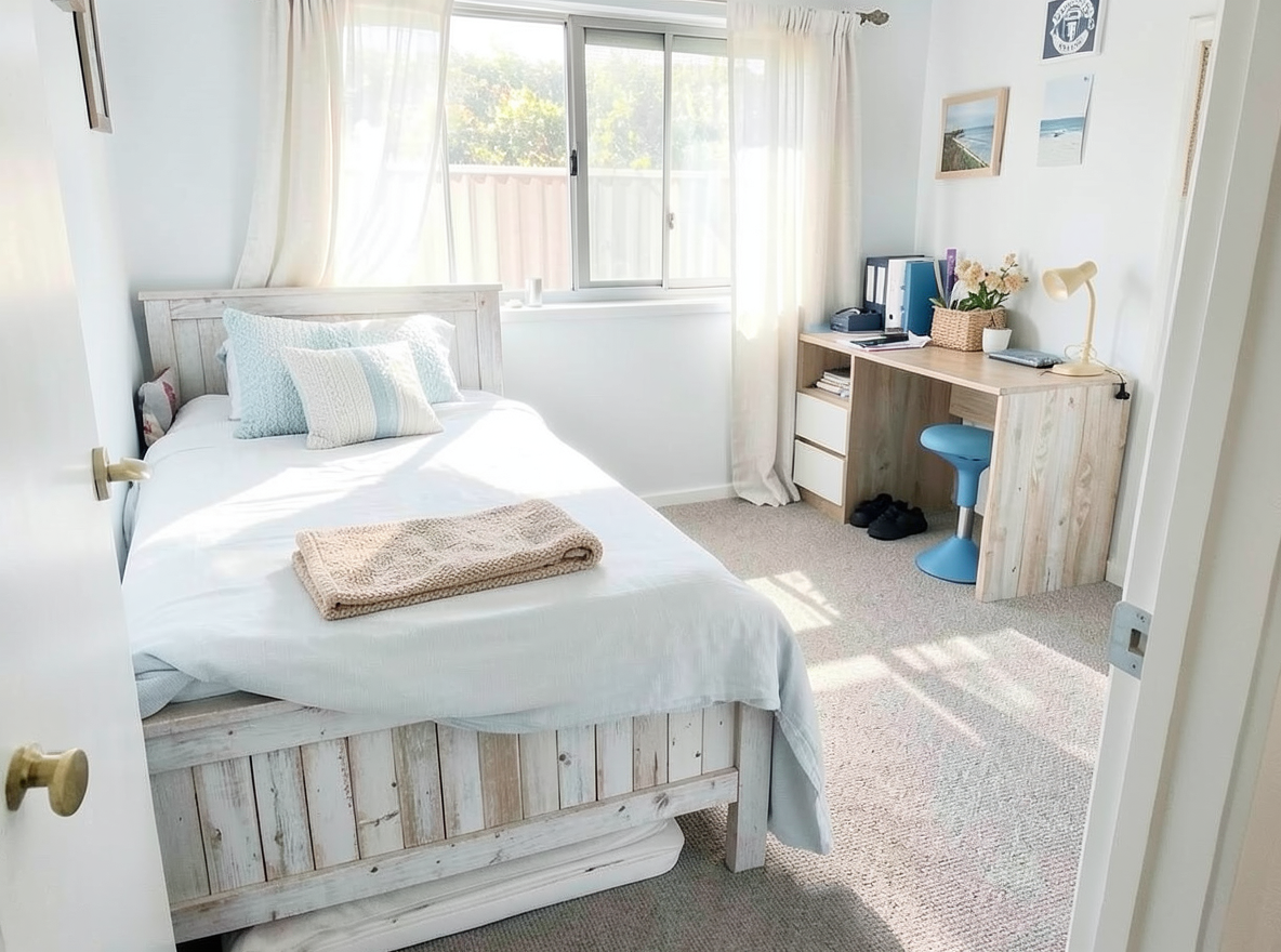 Main redesign studio: Redesign this room in a Coastal interior style: airy whites and soft-blue tones, weathered light wood, natural linen and woven textures, breezy sheer 