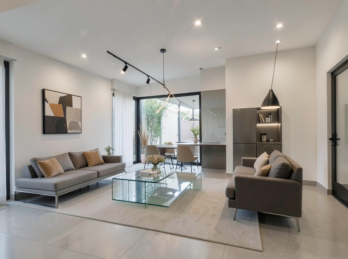 Main redesign studio: Redesign this room in a Modern interior style: clean lines, a neutral palette with bold accents, sleek low-profile furniture, glass and matte-metal su