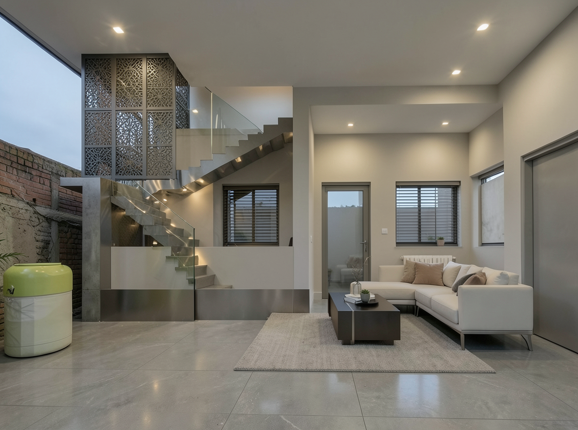 Main redesign studio: Redesign this room in a Modern interior style: clean lines, a neutral palette with bold accents, sleek low-profile furniture, glass and matte-metal su