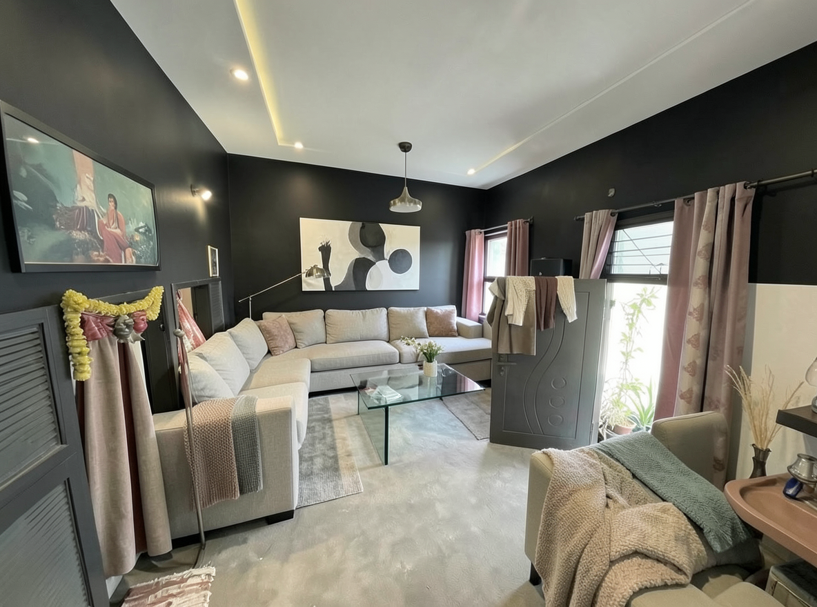 Main redesign studio: Redesign this room in a Modern interior style: clean lines, a neutral palette with bold accents, sleek low-profile furniture, glass and matte-metal su