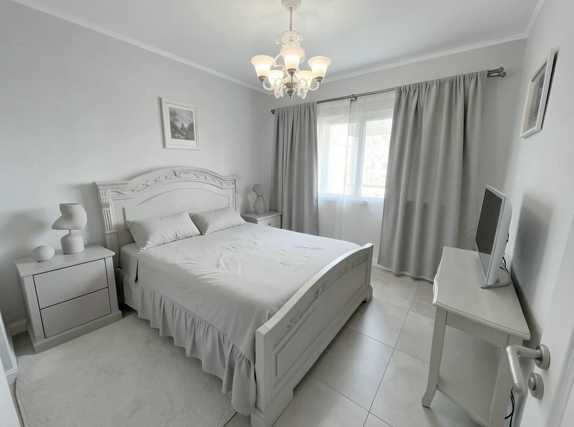 Main redesign studio: Redesign this room in a Minimalist interior style: an uncluttered space, a monochrome neutral palette, a few sculptural pieces, concealed storage, sof