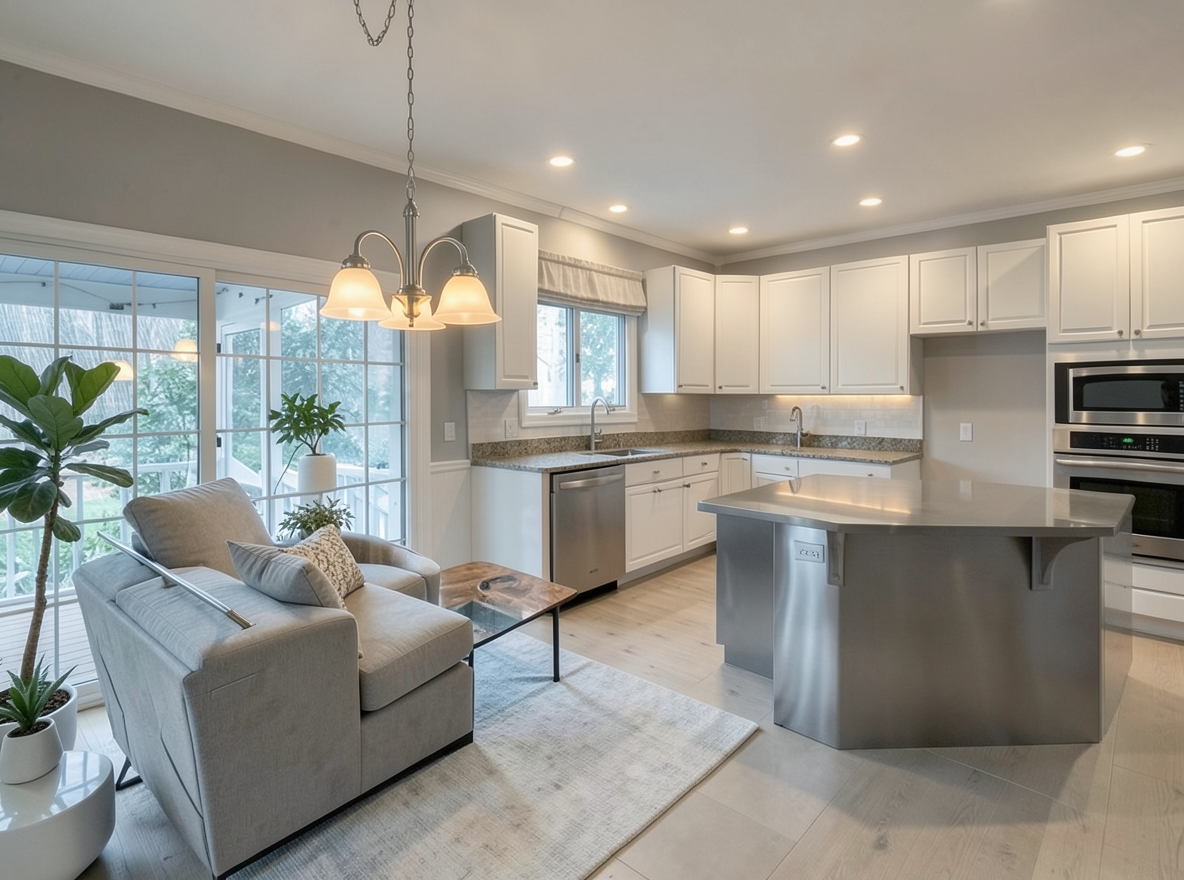Main redesign studio: Redesign this room in a Modern interior style: clean lines, a neutral palette with bold accents, sleek low-profile furniture, glass and matte-metal su