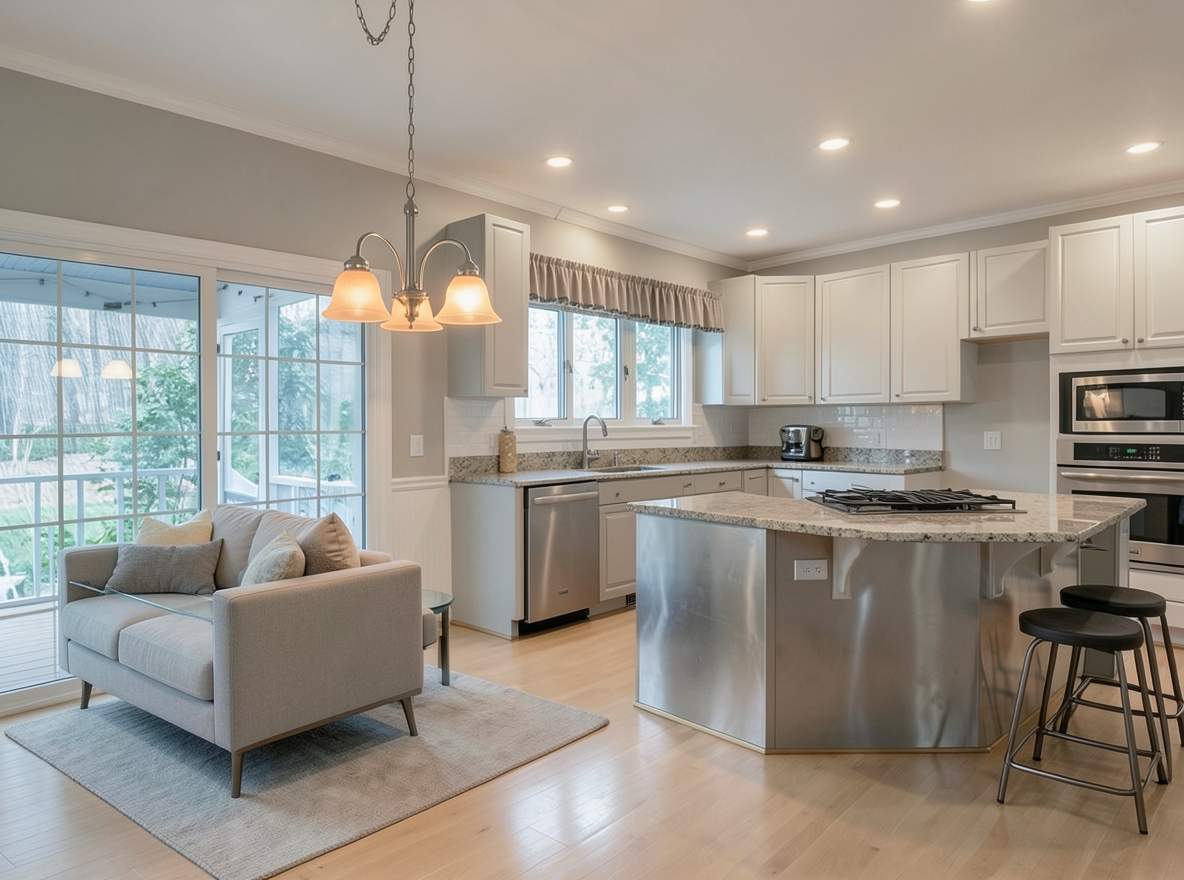 Main redesign studio: Redesign this room in a Modern interior style: clean lines, a neutral palette with bold accents, sleek low-profile furniture, glass and matte-metal su