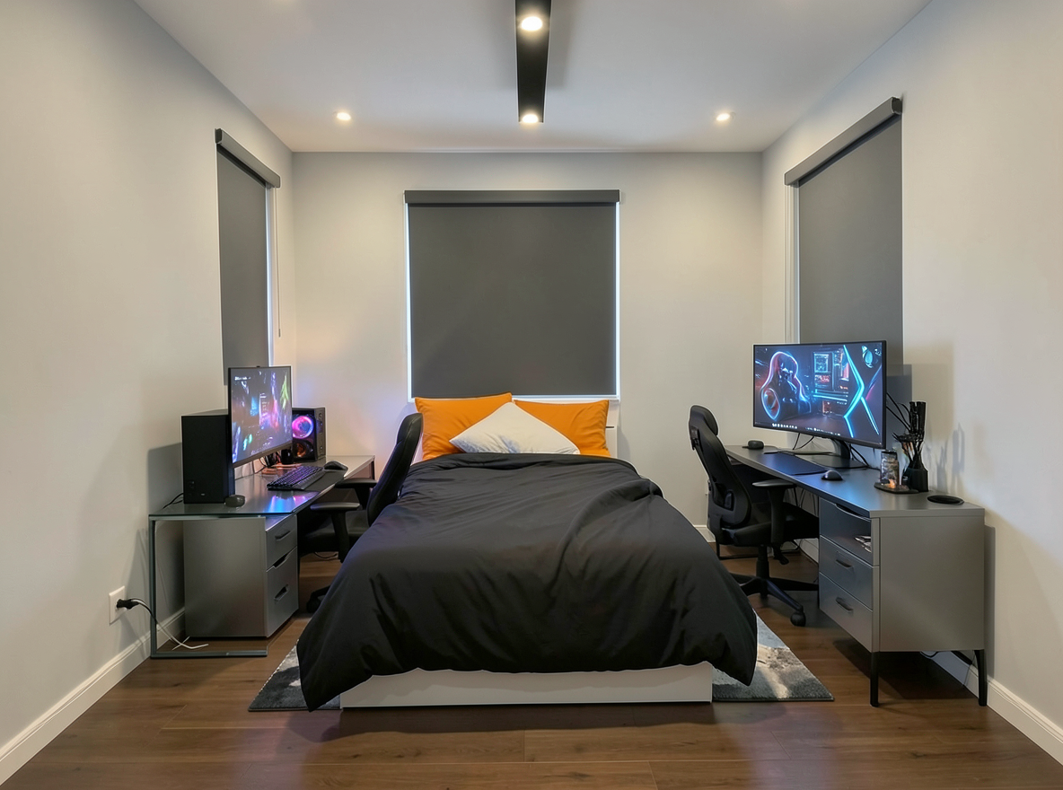Main redesign studio: Redesign this room in a Modern interior style: clean lines, a neutral palette with bold accents, sleek low-profile furniture, glass and matte-metal su