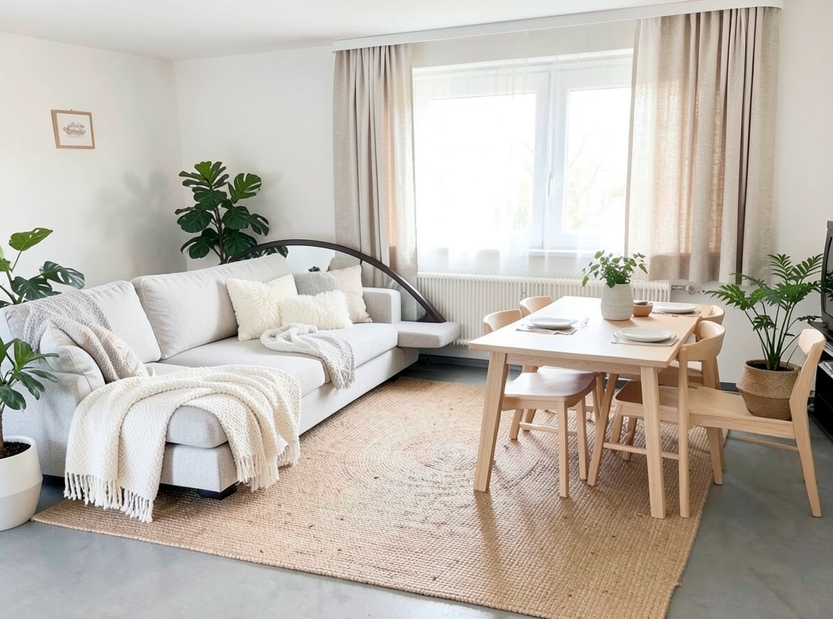 Main redesign studio: Redesign this room in a Scandinavian interior style: light oak wood, a white and soft-grey palette, wool and linen textiles, a woven jute rug, leafy p