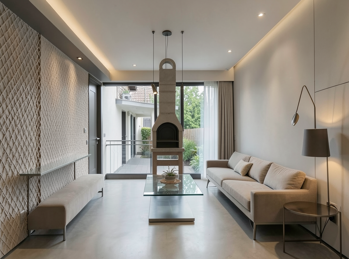 Main redesign studio: Redesign this room in a Modern interior style: clean lines, a neutral palette with bold accents, sleek low-profile furniture, glass and matte-metal su