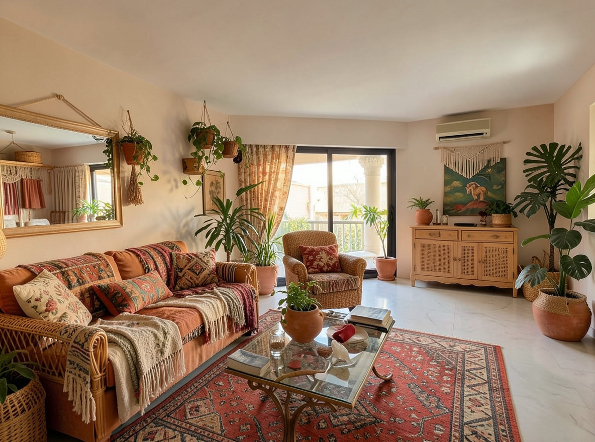 Main redesign studio: Redesign this room in a Boho interior style: layered patterned textiles, rattan and macramé, terracotta and warm earthy tones, abundant plants, vintag