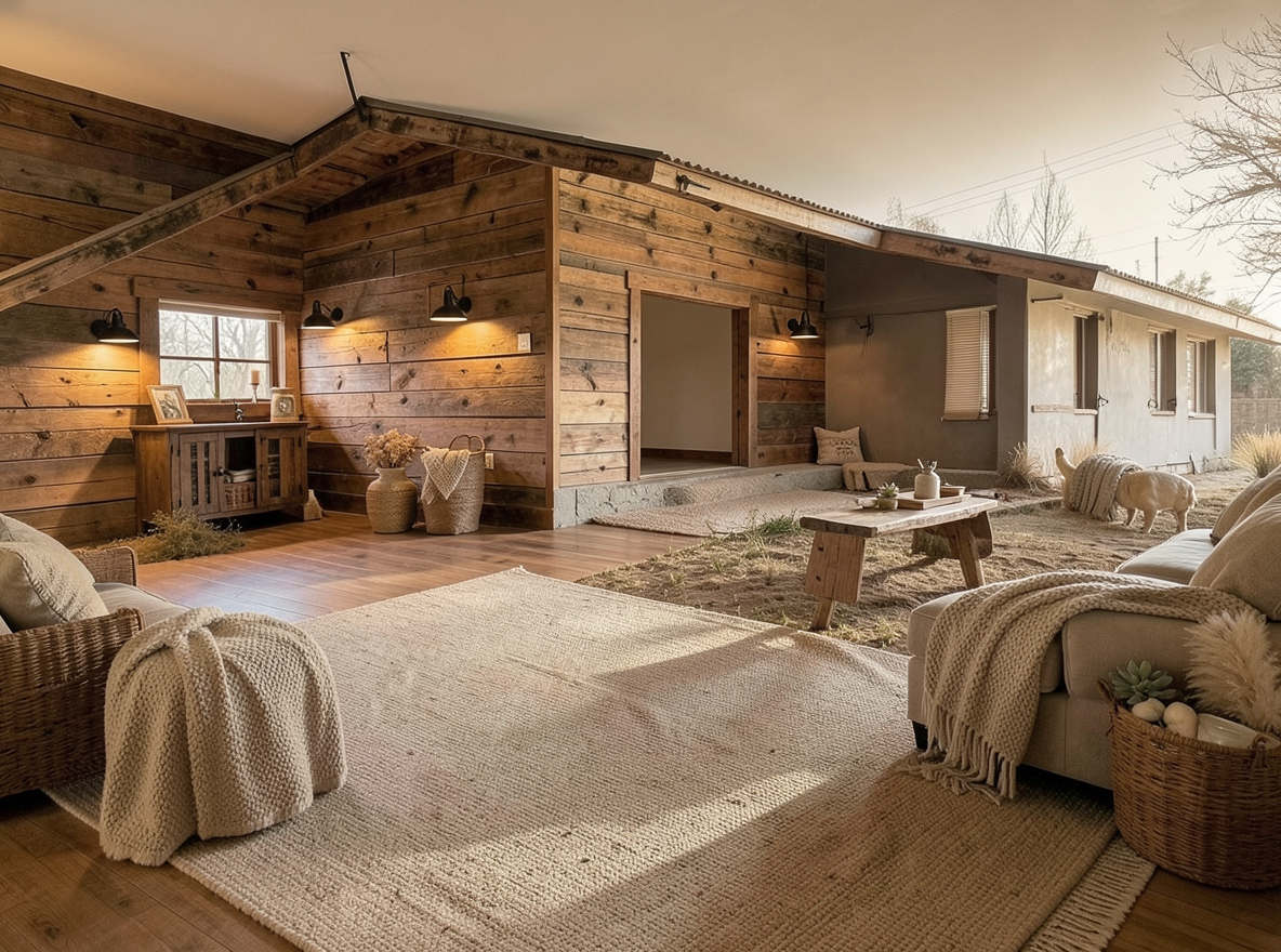Main redesign studio: Redesign this room in a Farmhouse interior style: shiplap walls, warm reclaimed wood, matte-black fixtures, cozy neutral textiles, vintage accents, so