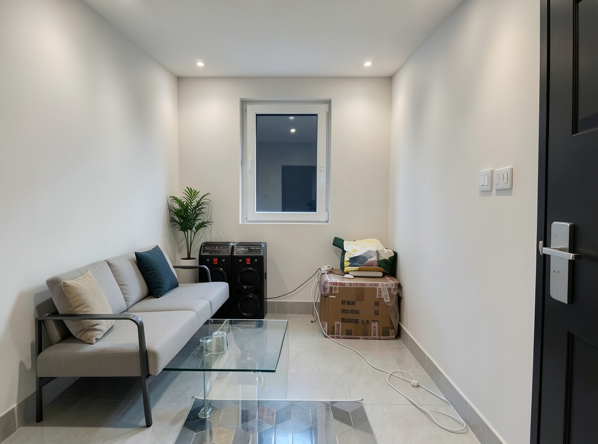 Main redesign studio: Redesign this room in a Modern interior style: clean lines, a neutral palette with bold accents, sleek low-profile furniture, glass and matte-metal su