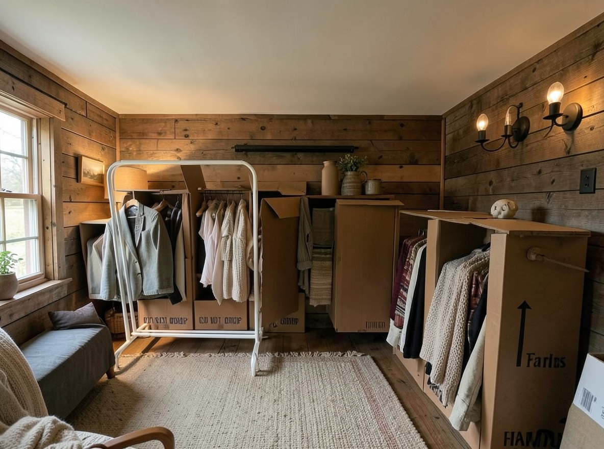 Main redesign studio: Redesign this room in a Farmhouse interior style: shiplap walls, warm reclaimed wood, matte-black fixtures, cozy neutral textiles, vintage accents, so