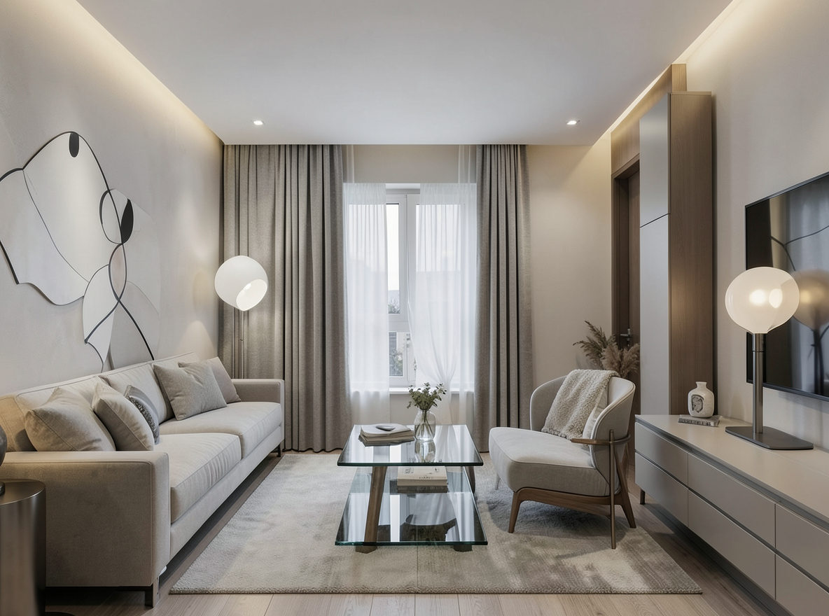 Main redesign studio: Redesign this room in a Modern interior style: clean lines, a neutral palette with bold accents, sleek low-profile furniture, glass and matte-metal su