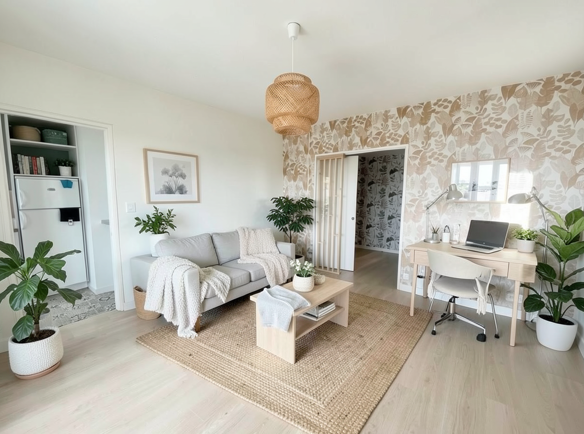 Main redesign studio: Redesign this room in a Scandinavian interior style: light oak wood, a white and soft-grey palette, wool and linen textiles, a woven jute rug, leafy p
