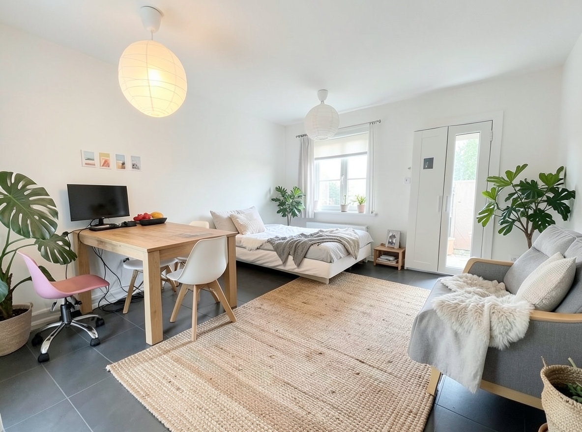 Main redesign studio: Redesign this room in a Scandinavian interior style: light oak wood, a white and soft-grey palette, wool and linen textiles, a woven jute rug, leafy p