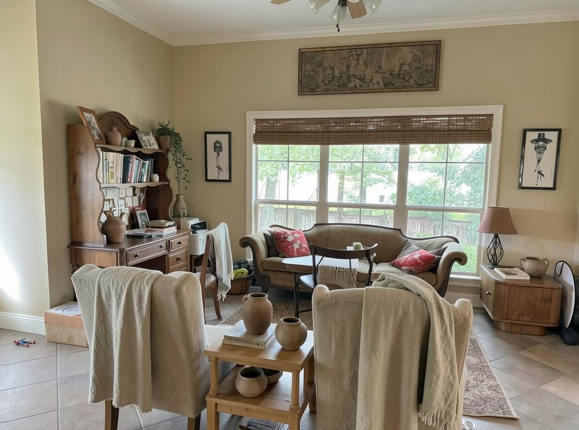 Main redesign studio: Redesign this room in a Japandi interior style: low natural-wood furniture, a muted earthy palette, handcrafted ceramics, linen textiles, soft diffuse