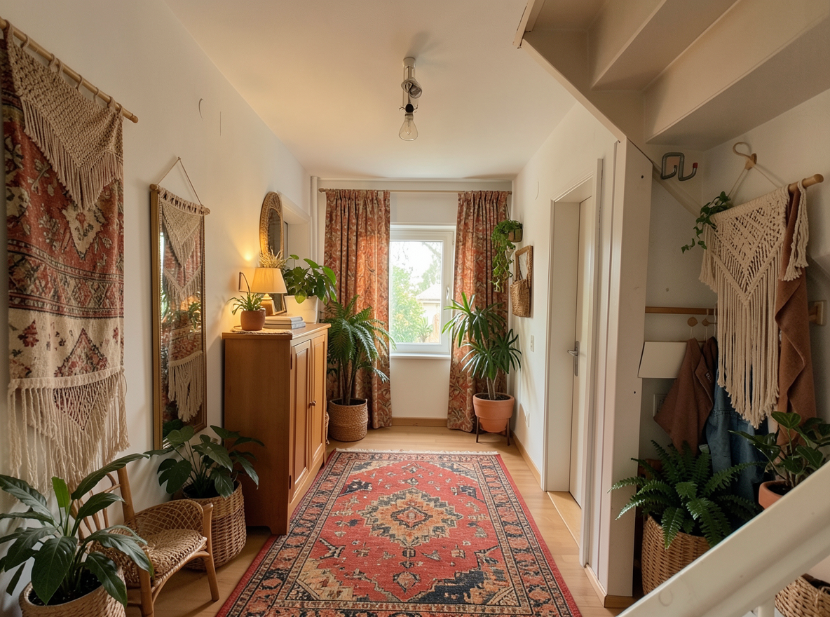 Main redesign studio: Redesign this room in a Boho interior style: layered patterned textiles, rattan and macramé, terracotta and warm earthy tones, abundant plants, vintag