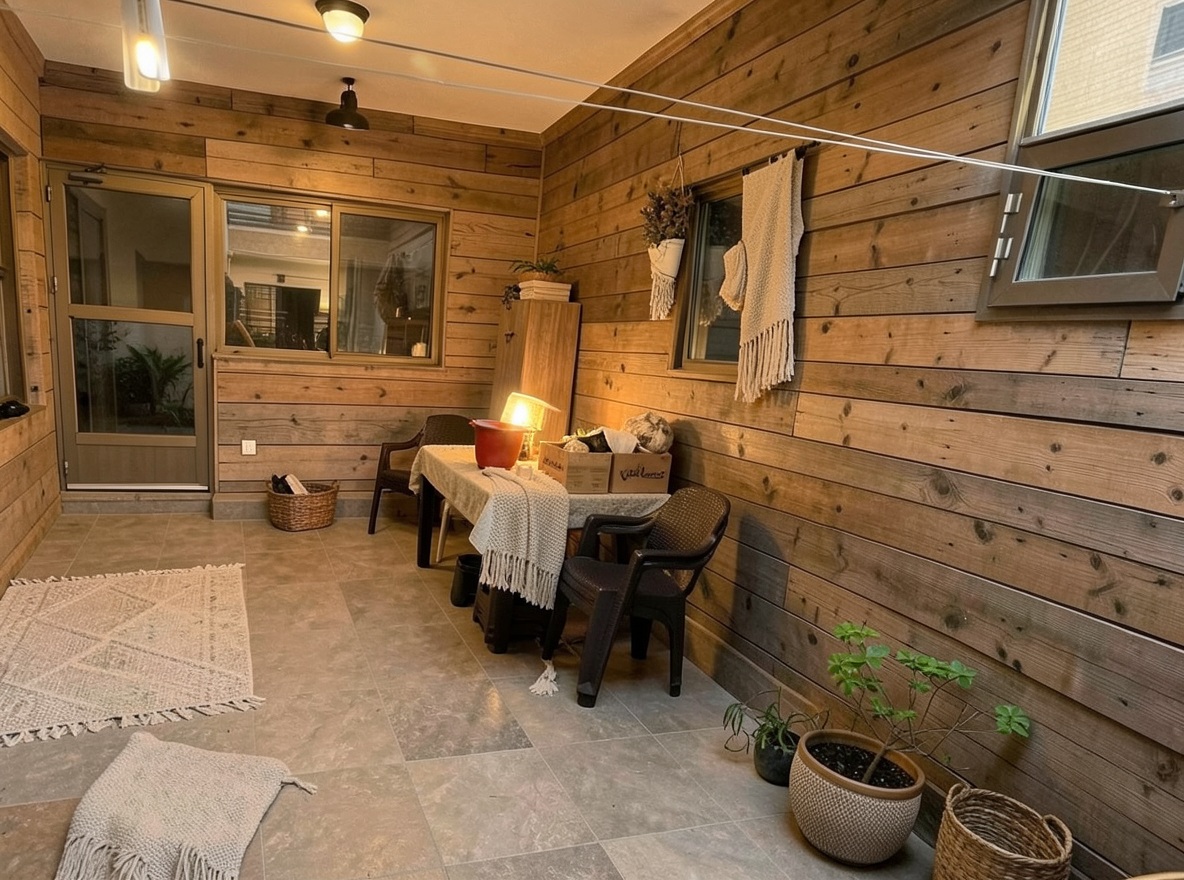 Main redesign studio: Redesign this room in a Farmhouse interior style: shiplap walls, warm reclaimed wood, matte-black fixtures, cozy neutral textiles, vintage accents, so