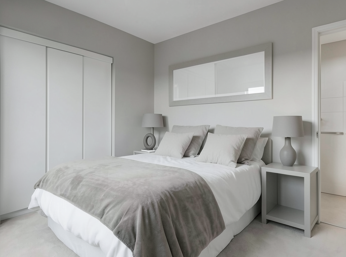 Main redesign studio: Redesign this room in a Minimalist interior style: an uncluttered space, a monochrome neutral palette, a few sculptural pieces, concealed storage, sof