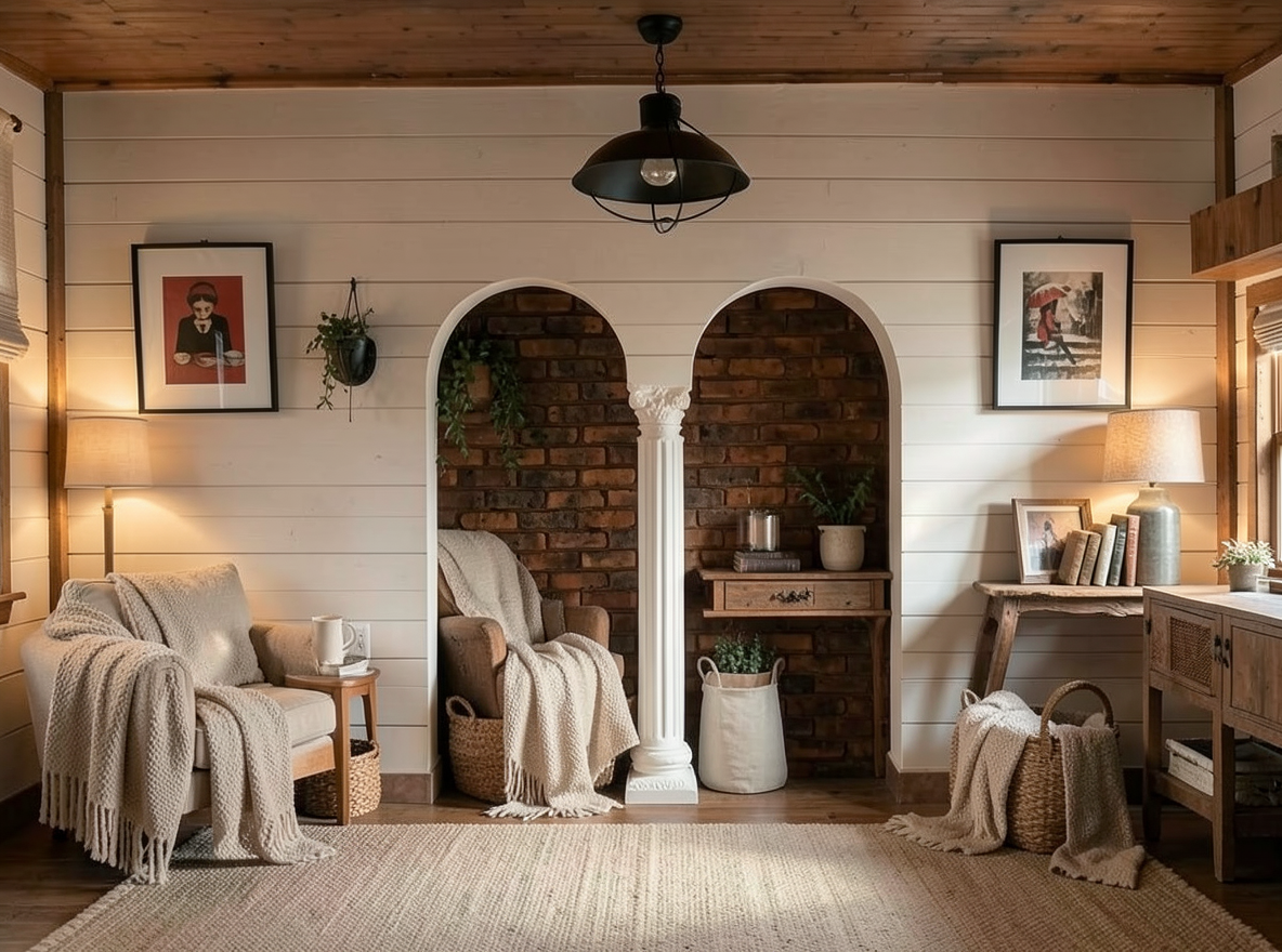 Main redesign studio: Redesign this room in a Farmhouse interior style: shiplap walls, warm reclaimed wood, matte-black fixtures, cozy neutral textiles, vintage accents, so