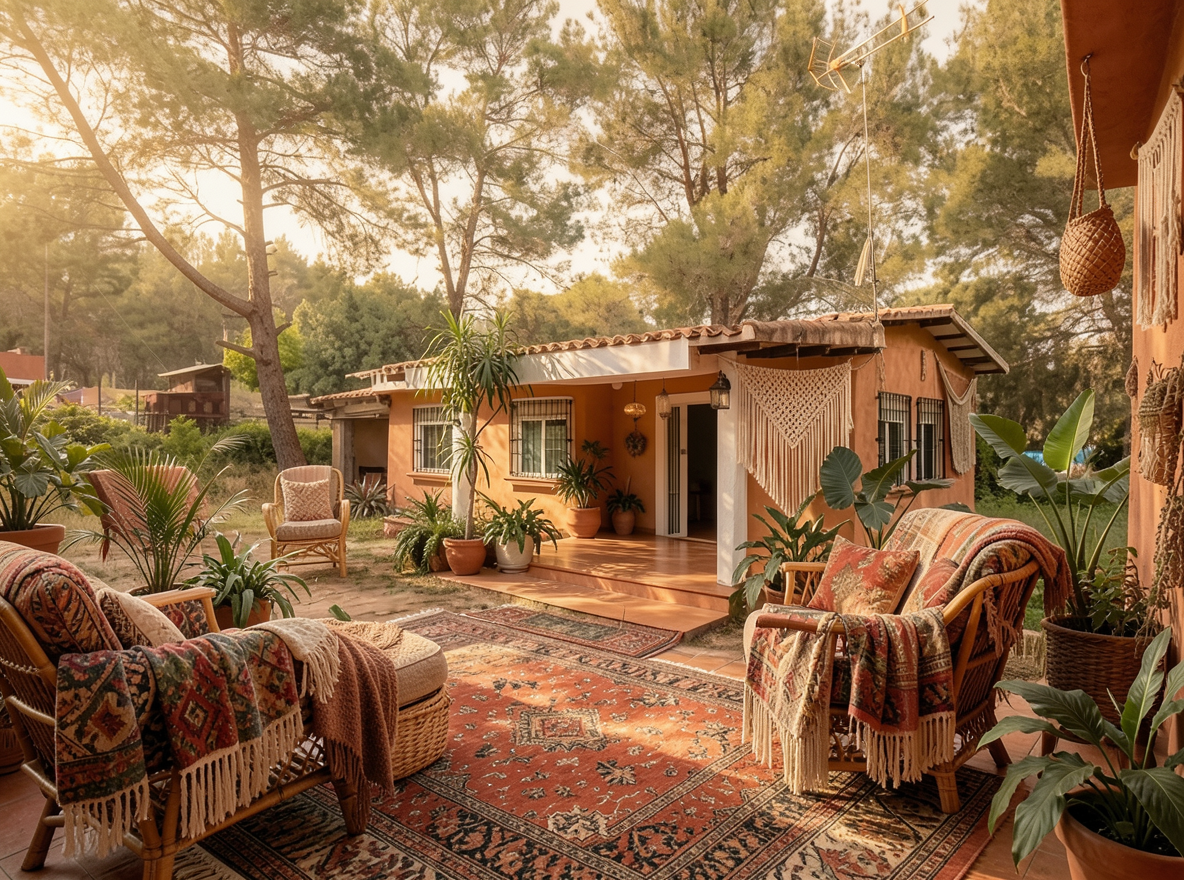 Main redesign studio: Redesign this room in a Boho interior style: layered patterned textiles, rattan and macramé, terracotta and warm earthy tones, abundant plants, vintag