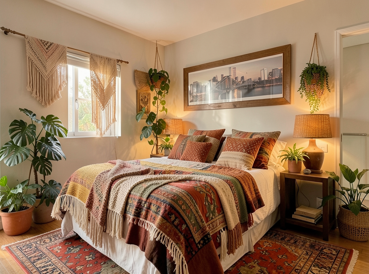 Main redesign studio: Redesign this room in a Boho interior style: layered patterned textiles, rattan and macramé, terracotta and warm earthy tones, abundant plants, vintag