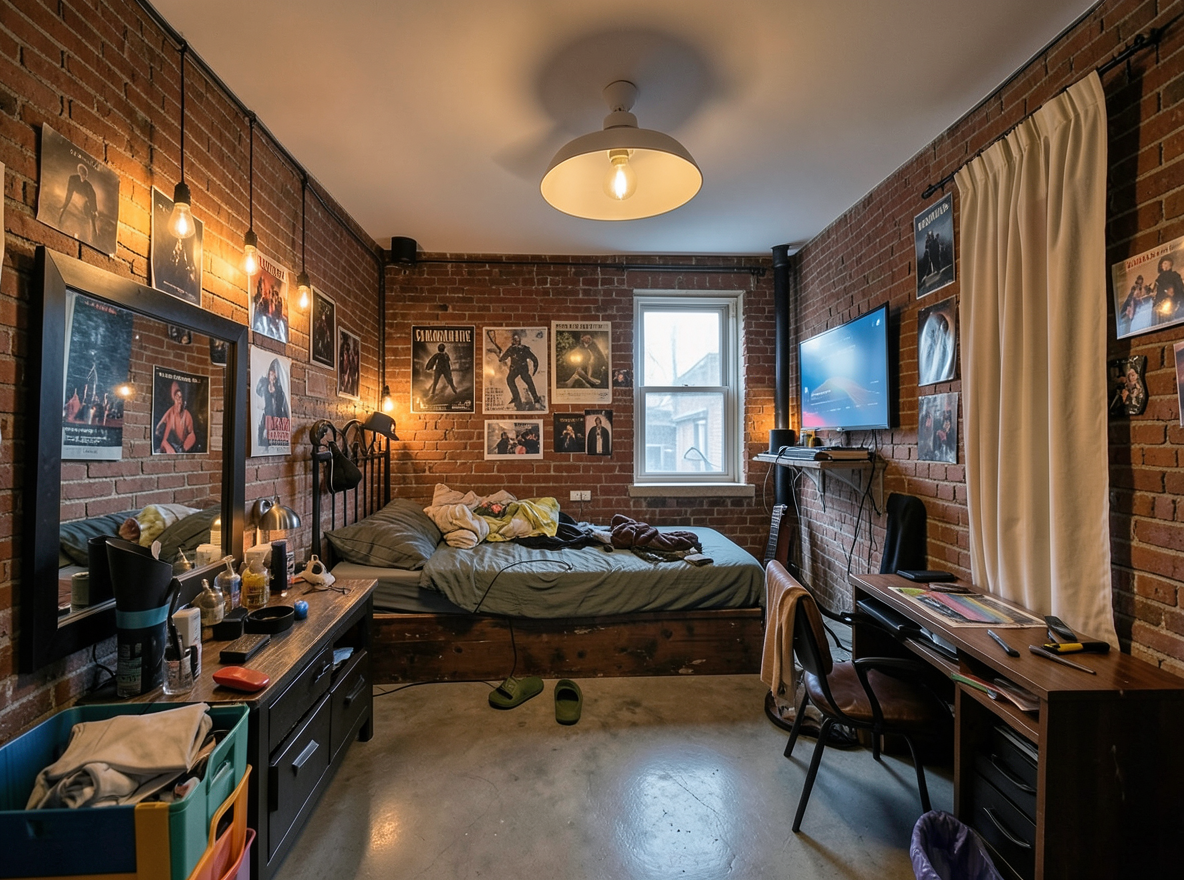Main redesign studio: Redesign this room in a Industrial interior style: exposed-brick walls, black steel and reclaimed-wood furniture, polished concrete floor, leather acc