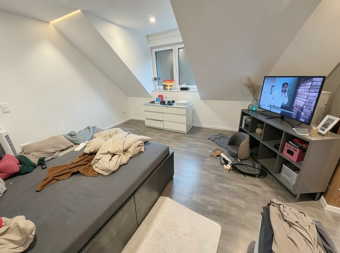 Main redesign studio: Redesign this room in a Modern interior style: clean lines, a neutral palette with bold accents, sleek low-profile furniture, glass and matte-metal su