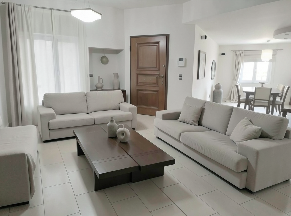 Main redesign studio: Redesign this room in a Minimalist interior style: an uncluttered space, a monochrome neutral palette, a few sculptural pieces, concealed storage, sof
