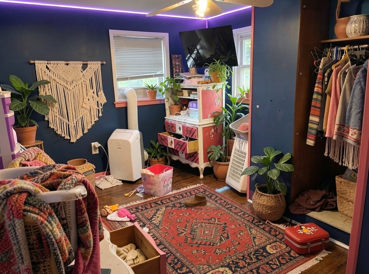 Main redesign studio: Redesign this room in a Boho interior style: layered patterned textiles, rattan and macramé, terracotta and warm earthy tones, abundant plants, vintag
