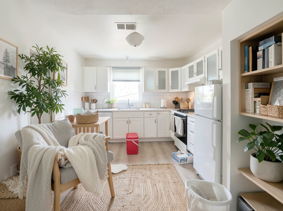 Main redesign studio: Redesign this room in a Scandinavian interior style: light oak wood, a white and soft-grey palette, wool and linen textiles, a woven jute rug, leafy p