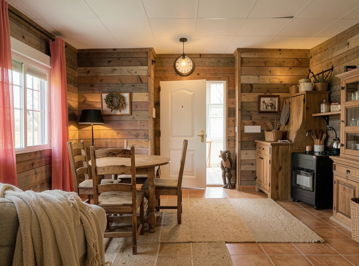 Main redesign studio: Redesign this room in a Farmhouse interior style: shiplap walls, warm reclaimed wood, matte-black fixtures, cozy neutral textiles, vintage accents, so