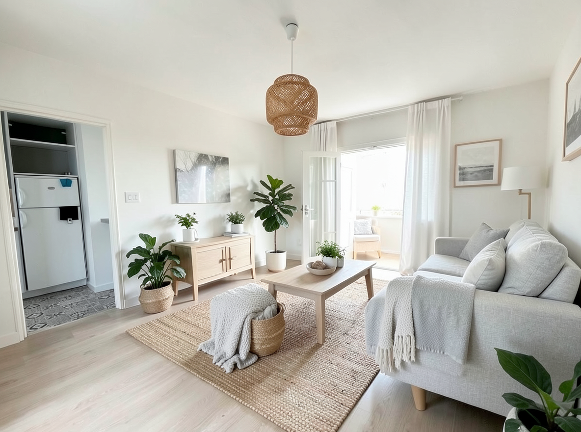 Main redesign studio: Redesign this room in a Scandinavian interior style: light oak wood, a white and soft-grey palette, wool and linen textiles, a woven jute rug, leafy p