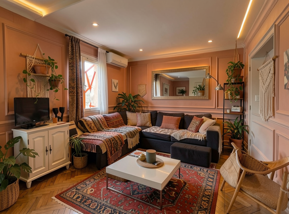 Main redesign studio: Redesign this room in a Boho interior style: layered patterned textiles, rattan and macramé, terracotta and warm earthy tones, abundant plants, vintag