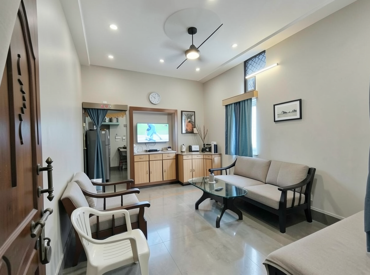 Main redesign studio: Redesign this room in a Modern interior style: clean lines, a neutral palette with bold accents, sleek low-profile furniture, glass and matte-metal su