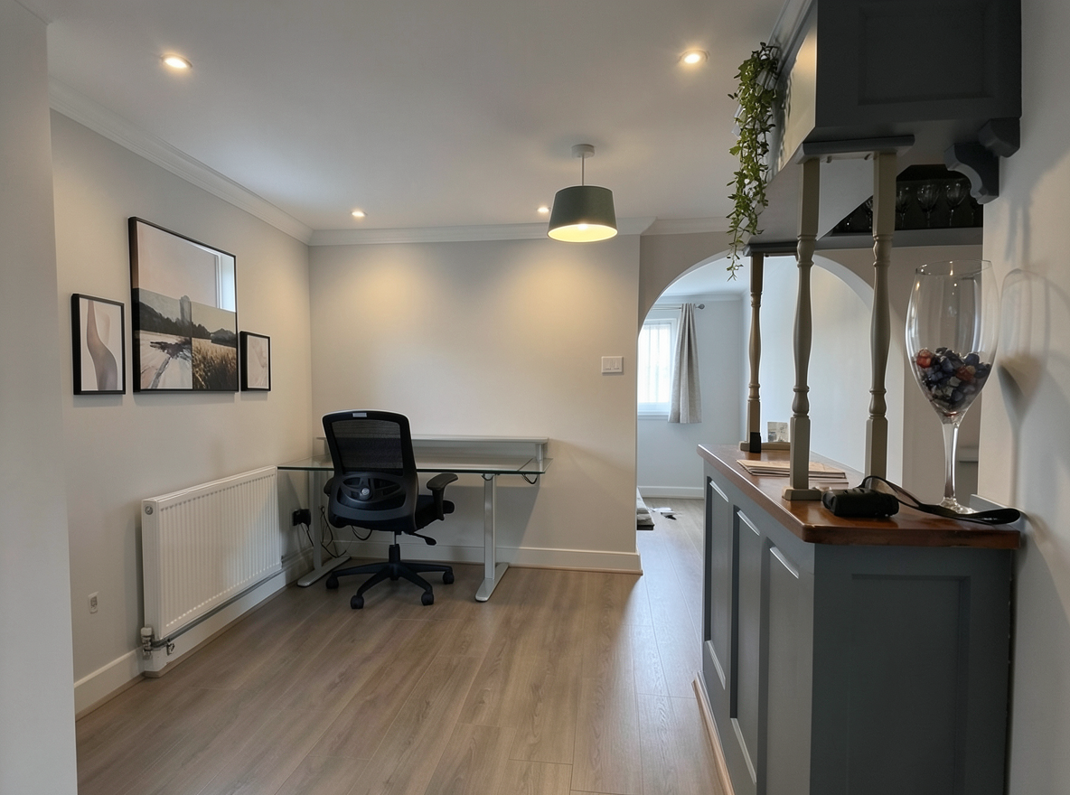 Main redesign studio: Redesign this room in a Modern interior style: clean lines, a neutral palette with bold accents, sleek low-profile furniture, glass and matte-metal su