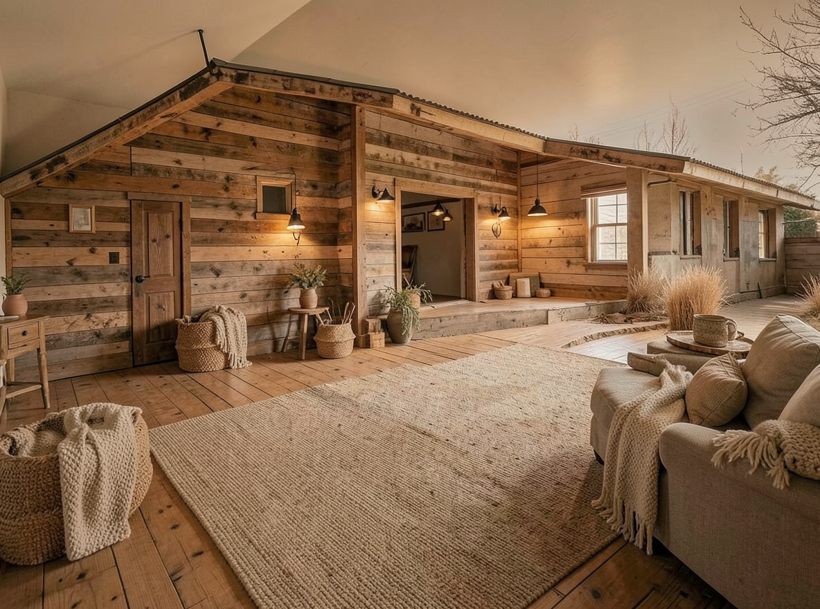 Main redesign studio: Redesign this room in a Farmhouse interior style: shiplap walls, warm reclaimed wood, matte-black fixtures, cozy neutral textiles, vintage accents, so