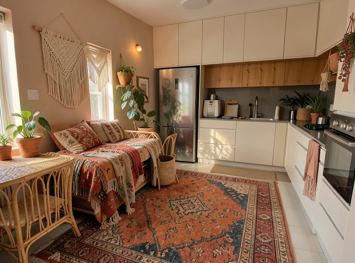 Main redesign studio: Redesign this room in a Boho interior style: layered patterned textiles, rattan and macramé, terracotta and warm earthy tones, abundant plants, vintag