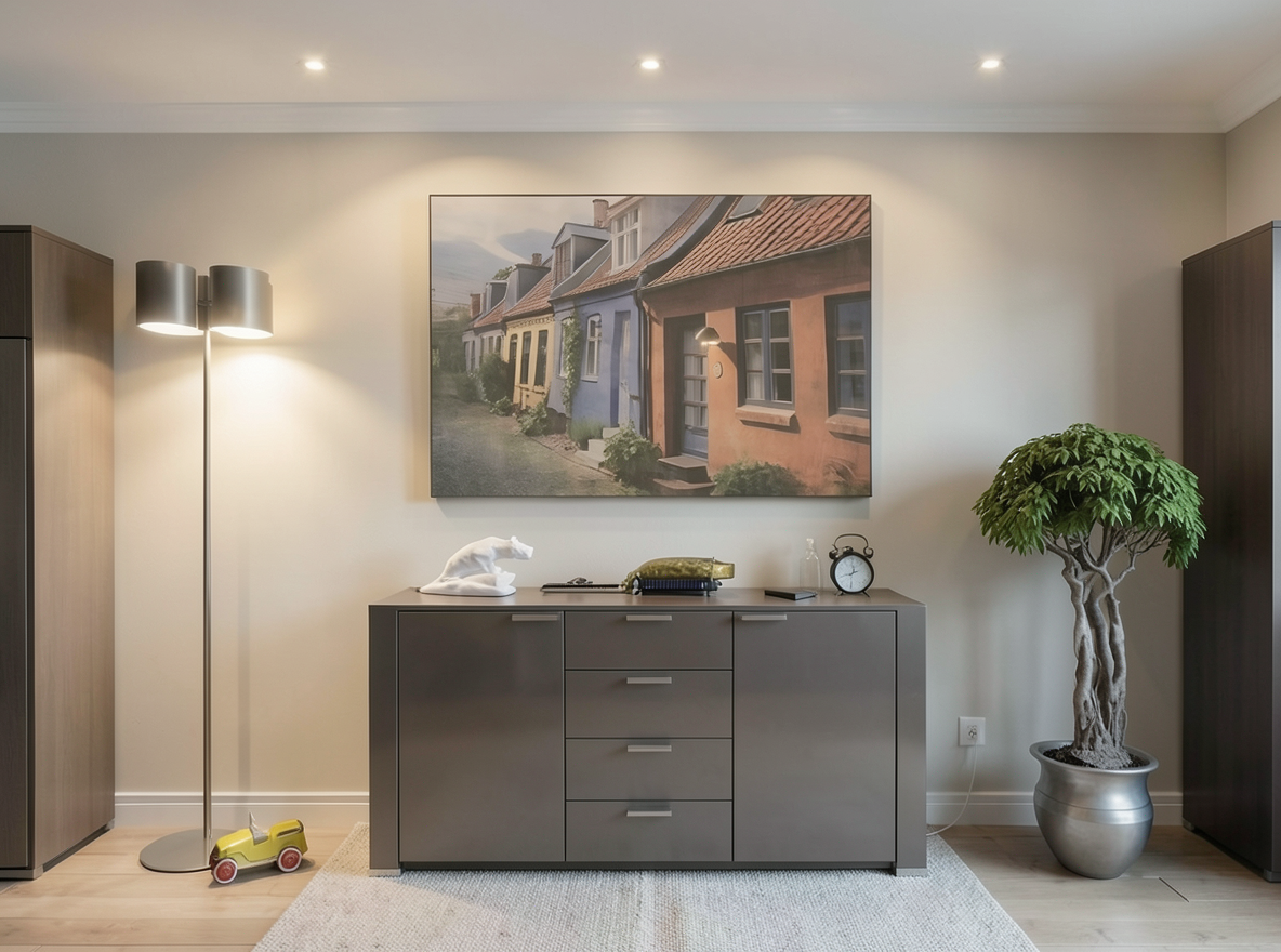 Main redesign studio: Redesign this room in a Modern interior style: clean lines, a neutral palette with bold accents, sleek low-profile furniture, glass and matte-metal su
