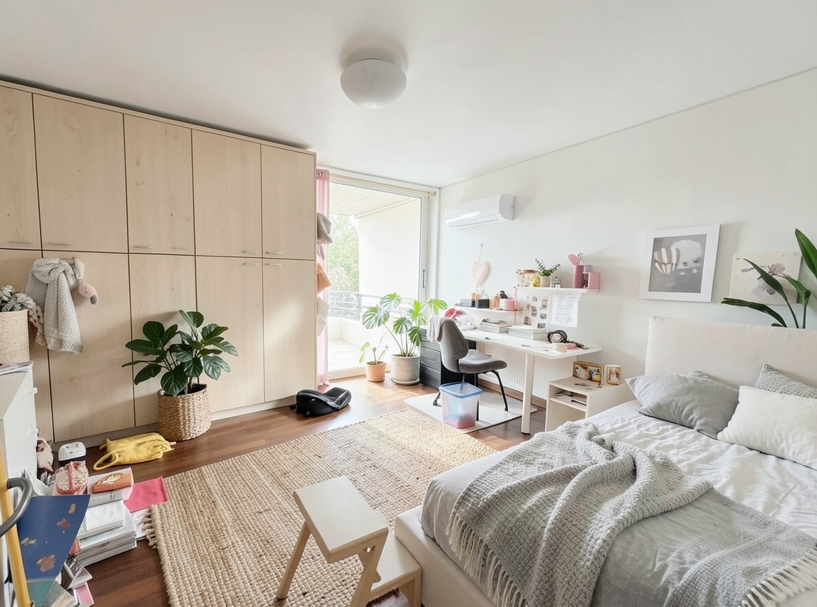 Main redesign studio: Redesign this room in a Scandinavian interior style: light oak wood, a white and soft-grey palette, wool and linen textiles, a woven jute rug, leafy p