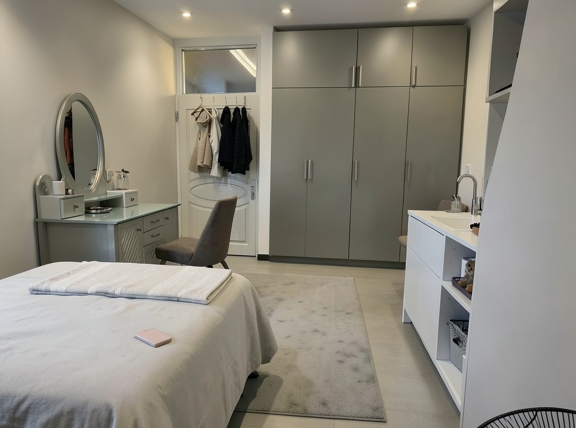 Main redesign studio: Redesign this room in a Modern interior style: clean lines, a neutral palette with bold accents, sleek low-profile furniture, glass and matte-metal su