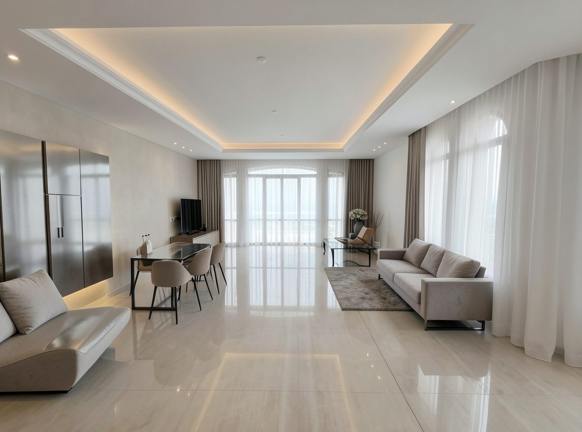 Main redesign studio: Redesign this room in a Modern interior style: clean lines, a neutral palette with bold accents, sleek low-profile furniture, glass and matte-metal su