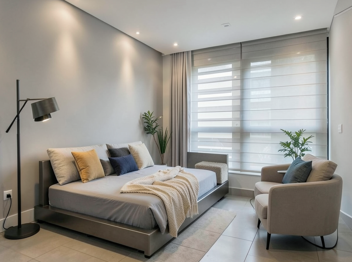 Main redesign studio: Redesign this room in a Modern interior style: clean lines, a neutral palette with bold accents, sleek low-profile furniture, glass and matte-metal su