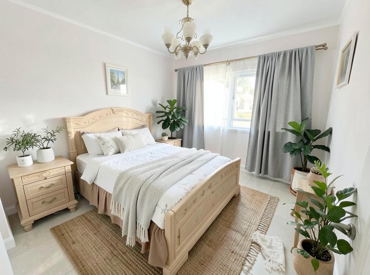 Main redesign studio: Redesign this room in a Scandinavian interior style: light oak wood, a white and soft-grey palette, wool and linen textiles, a woven jute rug, leafy p