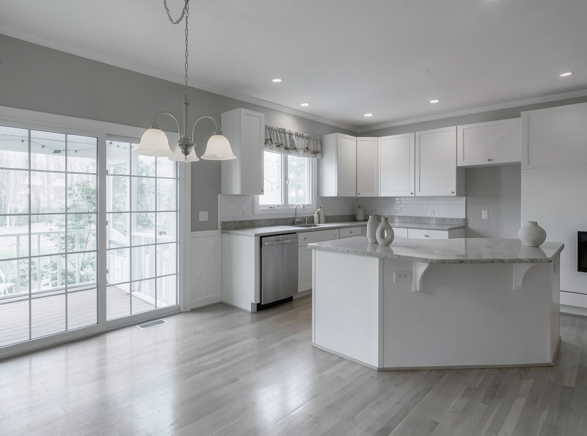 Main redesign studio: Redesign this room in a Minimalist interior style: an uncluttered space, a monochrome neutral palette, a few sculptural pieces, concealed storage, sof