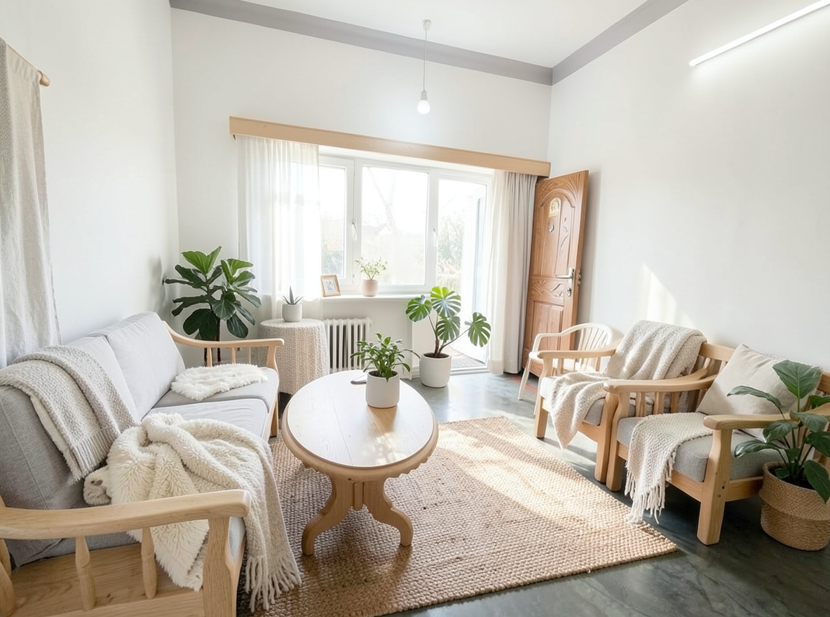 Main redesign studio: Redesign this room in a Scandinavian interior style: light oak wood, a white and soft-grey palette, wool and linen textiles, a woven jute rug, leafy p