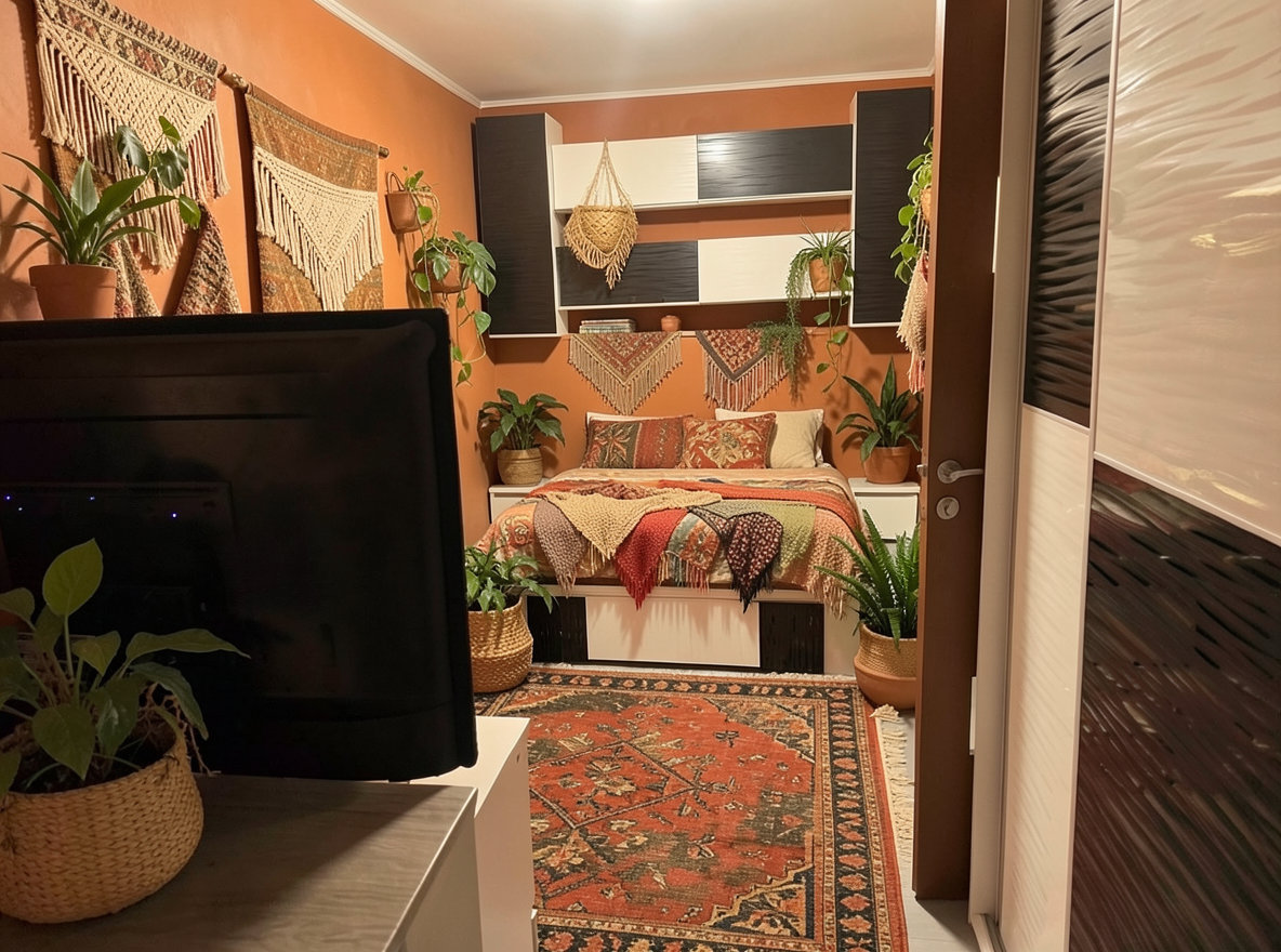 Main redesign studio: Redesign this room in a Boho interior style: layered patterned textiles, rattan and macramé, terracotta and warm earthy tones, abundant plants, vintag