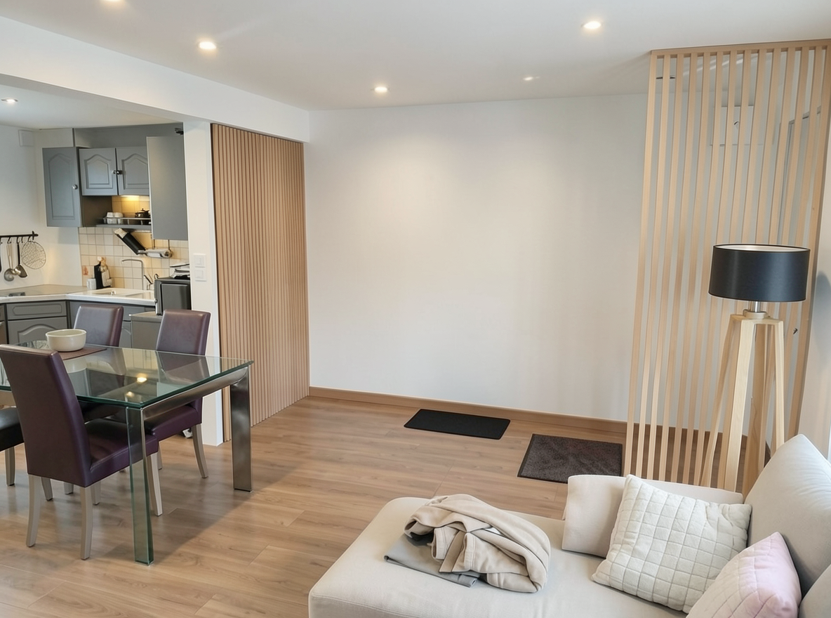 Main redesign studio: Redesign this room in a Modern interior style: clean lines, a neutral palette with bold accents, sleek low-profile furniture, glass and matte-metal su