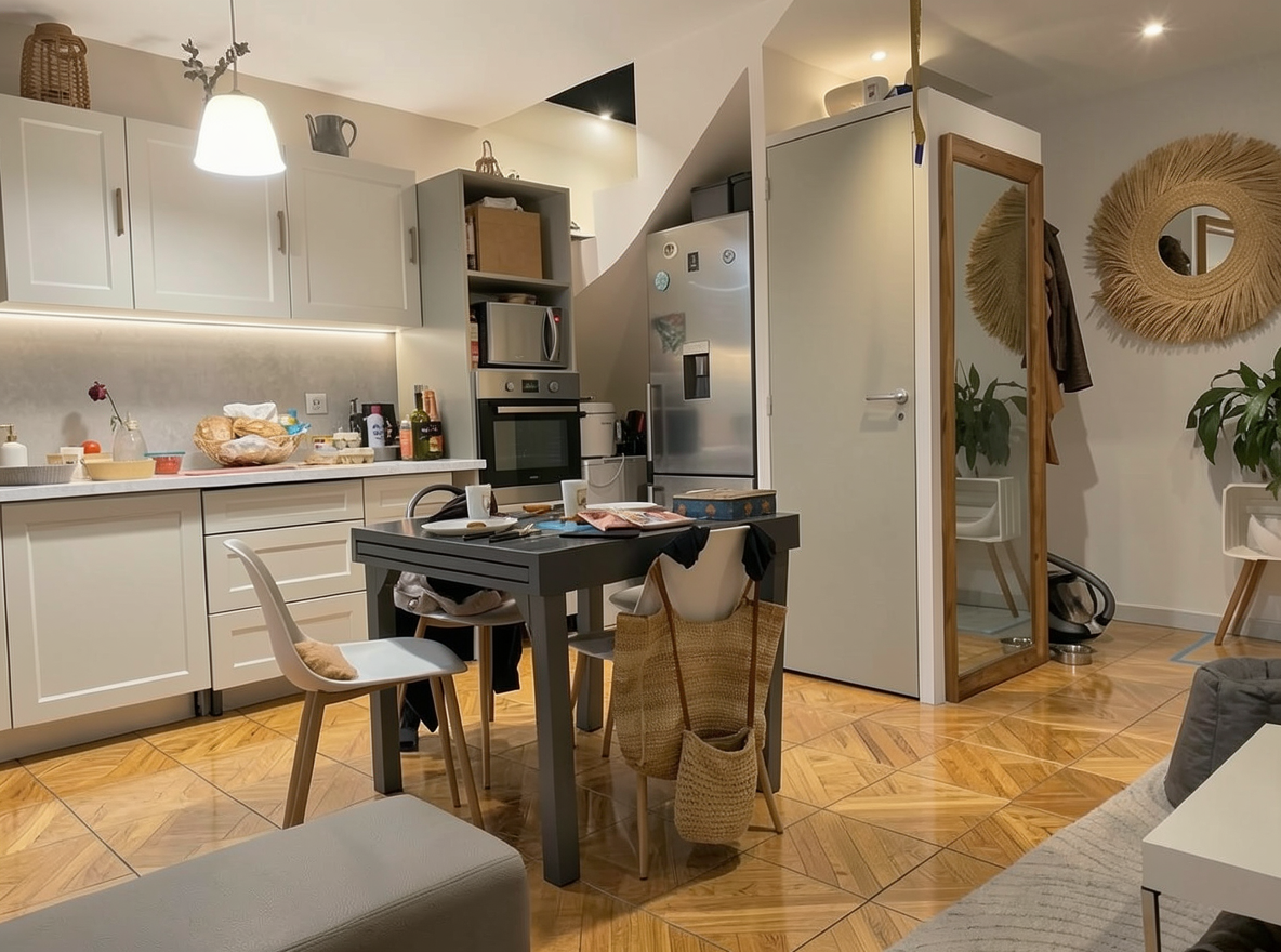 Main redesign studio: Redesign this room in a Modern interior style: clean lines, a neutral palette with bold accents, sleek low-profile furniture, glass and matte-metal su