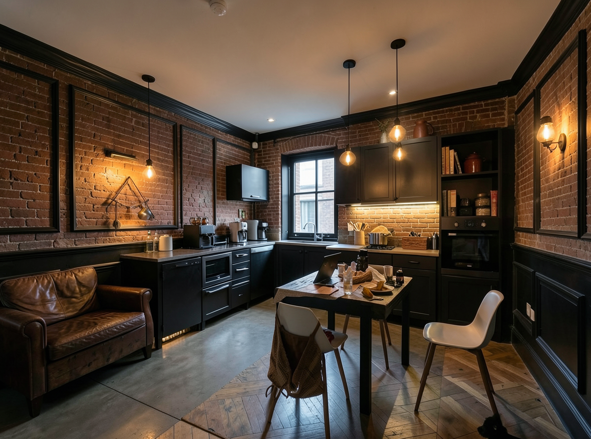 Main redesign studio: Redesign this room in a Industrial interior style: exposed-brick walls, black steel and reclaimed-wood furniture, polished concrete floor, leather acc