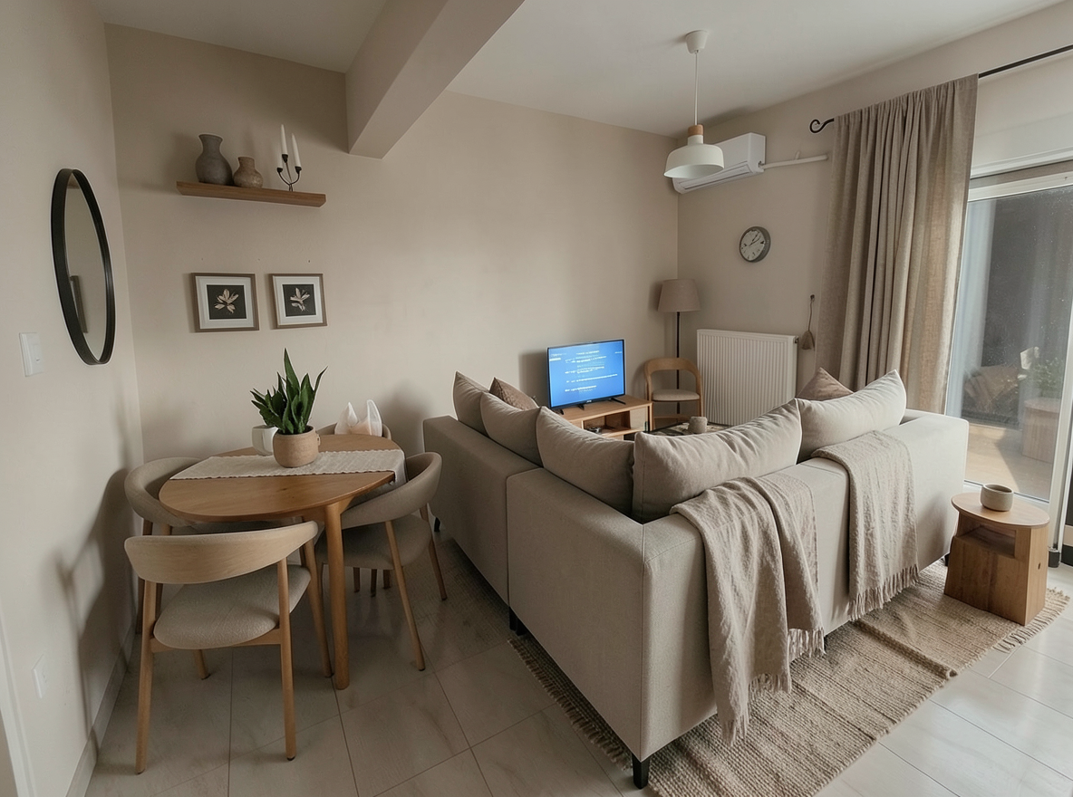 Main redesign studio: Redesign this room in a Japandi interior style: low natural-wood furniture, a muted earthy palette, handcrafted ceramics, linen textiles, soft diffuse