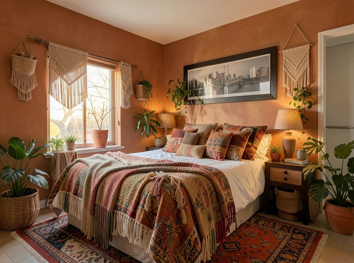 Main redesign studio: Redesign this room in a Boho interior style: layered patterned textiles, rattan and macramé, terracotta and warm earthy tones, abundant plants, vintag